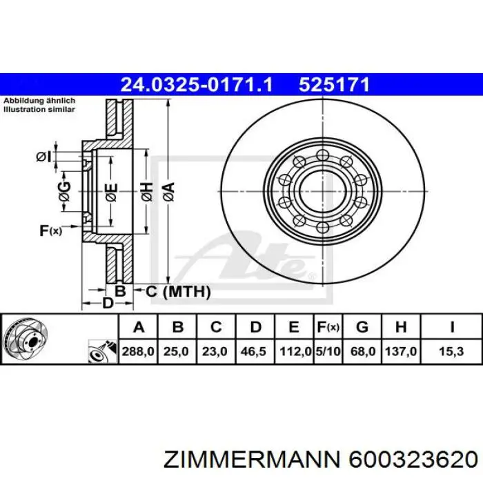 Диск переднього гальма Zimmermann 600323620 ціна, від 50.33 USD
