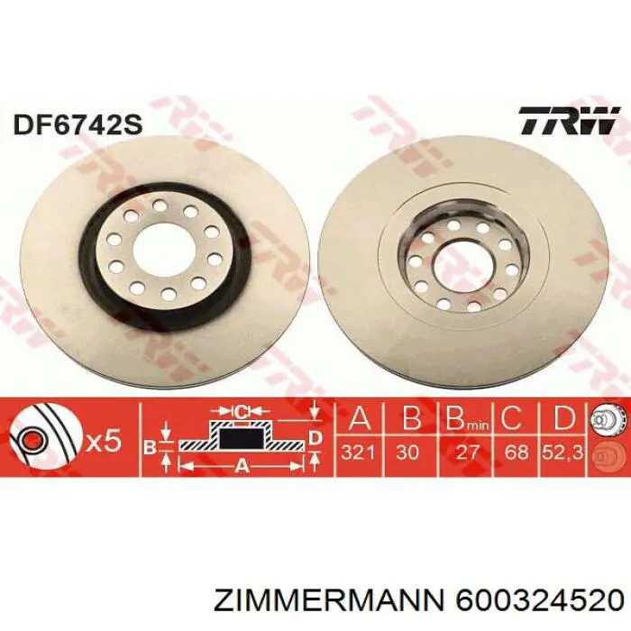 Диск переднього гальма Zimmermann 600324520 ціна, від 56.16 USD