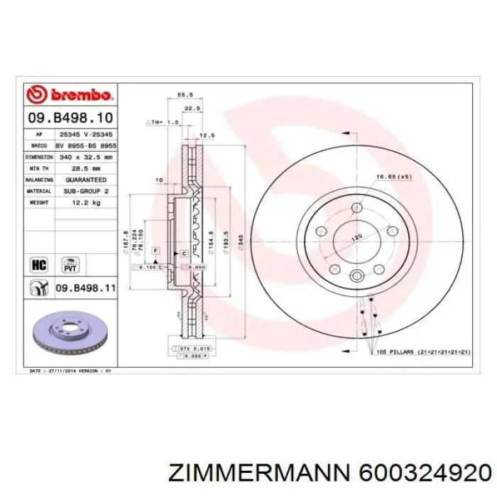Диск переднього гальма Zimmermann 600324920 ціна, від 94.83 USD