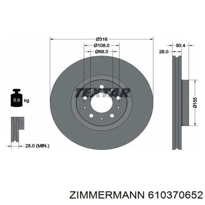Диск переднього гальма Zimmermann 610370652 ціна, від 51.57 USD