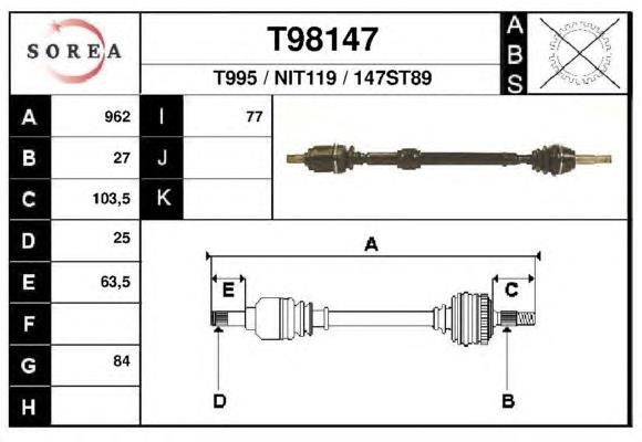 Піввісь (привід) передня, права T98147 EAI