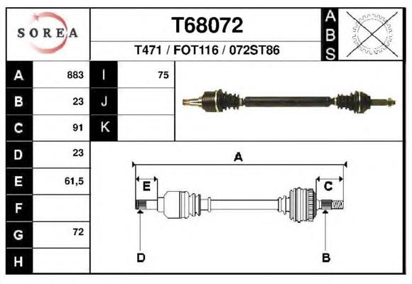 Піввісь передня, права EAI T68072 ціна, від 451.62 USD