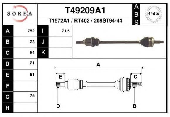 Піввісь задня, права T49209A1 EAI