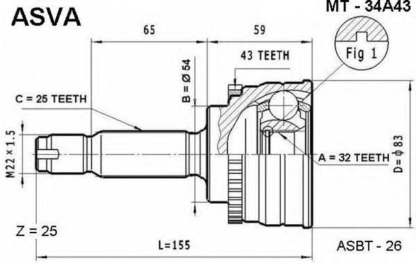 ШРУС зовнішній передній MT34A43 Asva