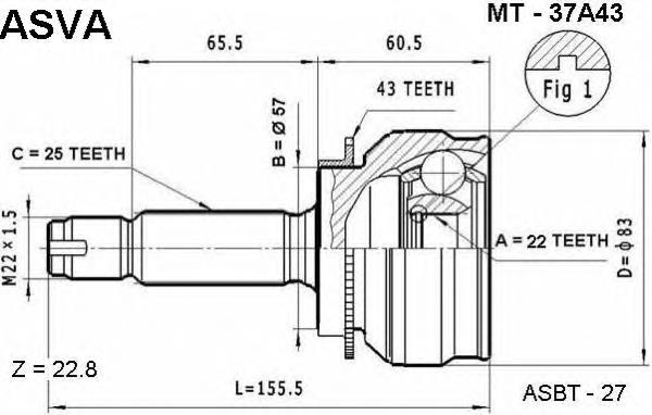 ШРУС зовнішній передній MT37A43 Asva