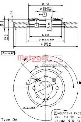 Диск гальмівний передній 27601 Metzger