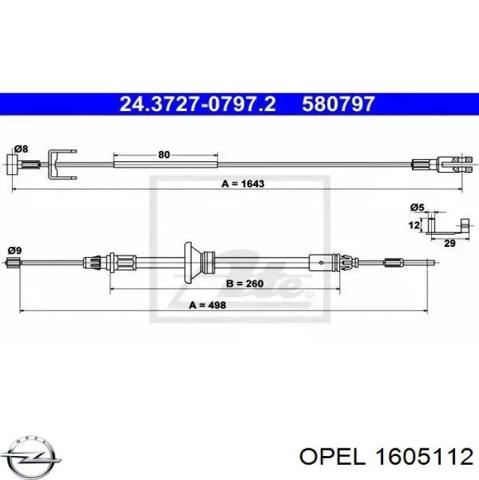Трос ручного гальма, комплект на авто 1605112 OPEL