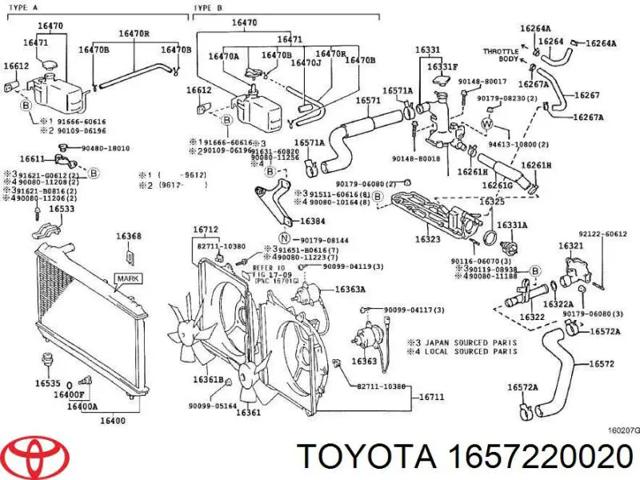 Шланг/патрубок радіатора охолодження, нижній 1657220020 TOYOTA
