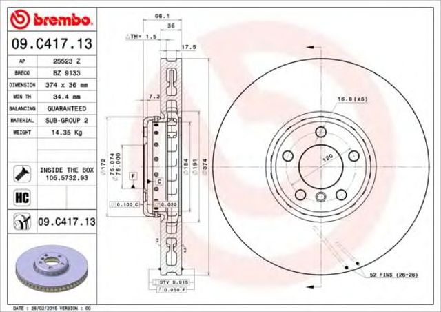 Диск гальмівний передній 09C41713 BREMBO