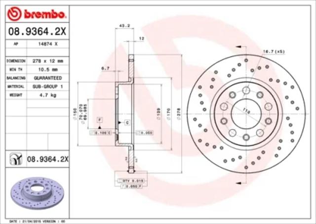 Диск гальмівний задній 0893642X BREMBO