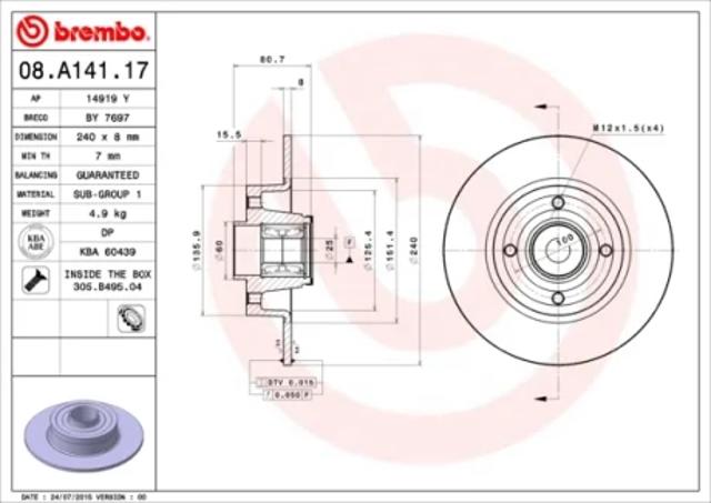 Диск заднього гальма 08A14117 BREMBO