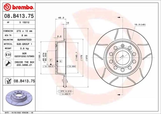 Диск гальмівний задній 08B41375 BREMBO