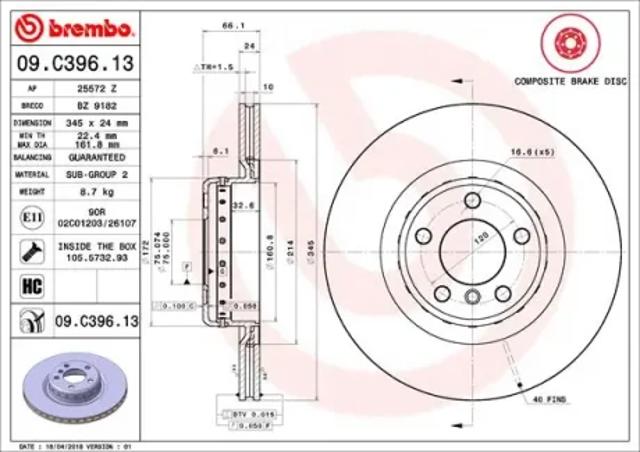 Диск заднього гальма 09C39613 BREMBO