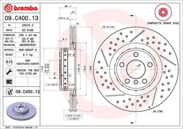 Диск гальмівний задній 09C40013 BREMBO