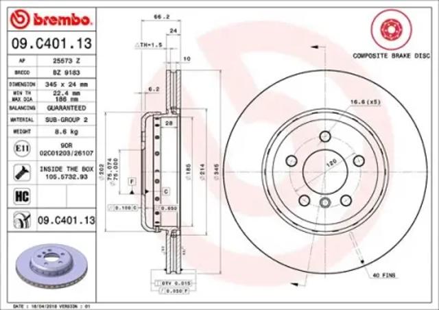 Диск заднього гальма 09C40113 BREMBO