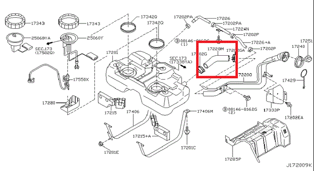 Шланг заливної горловини, паливного бака 172288H800 NISSAN