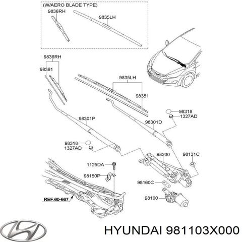 Двигун склоочисника лобового скла (трапеції) 981103X000 HYUNDAI