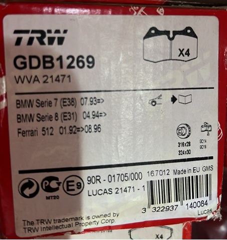 Колодки гальмівні дискові bmw 840i,ci/730d,i,il/728 i,il -01 GDB1269