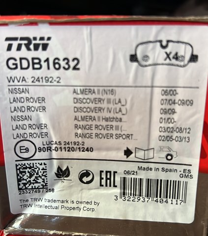 Gdb1632  trw - гальмівні колодки до дисків GDB1632