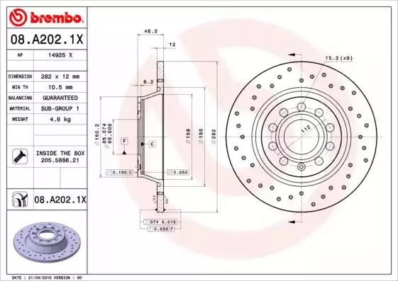 Диск заднього гальма 08A2021X BREMBO