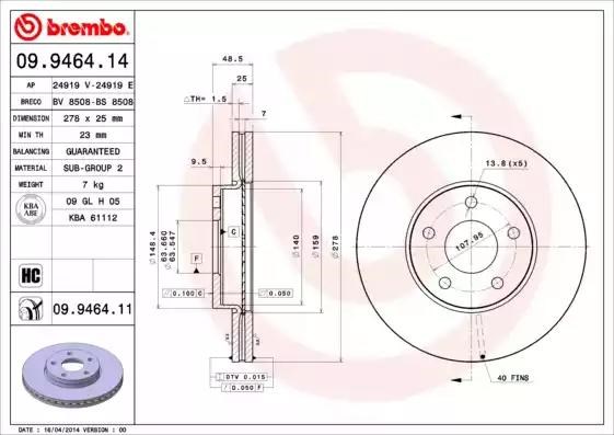Диск гальмівний передній 09946411 BREMBO