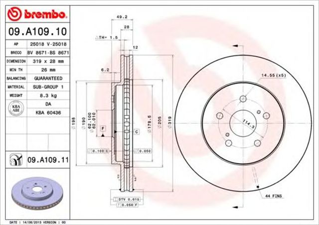 Гальмо дискове переднє 09A10911 BREMBO
