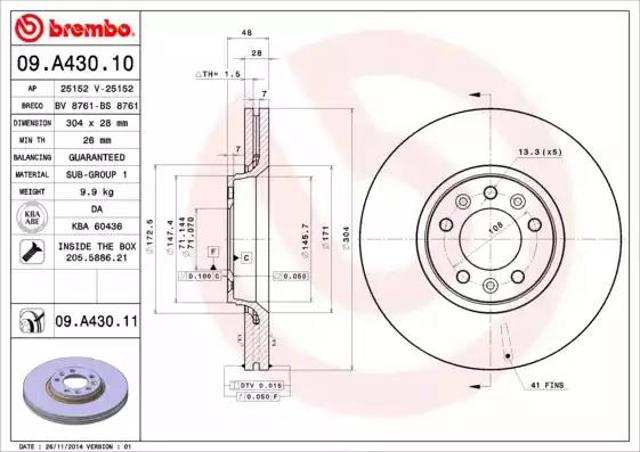 Диск переднього гальма 09A43010 BREMBO