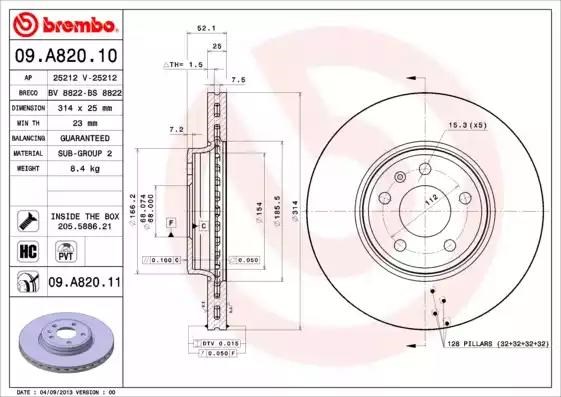 Диск гальмівний передній 09A82011 BREMBO