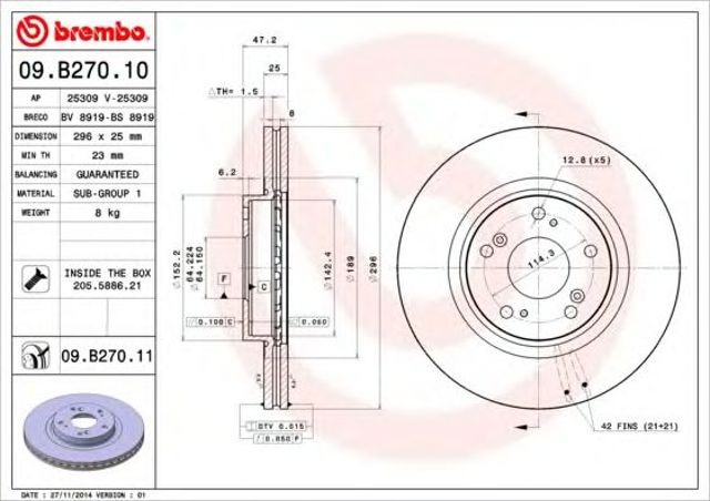 Диск гальмівний передній 09B27010 BREMBO