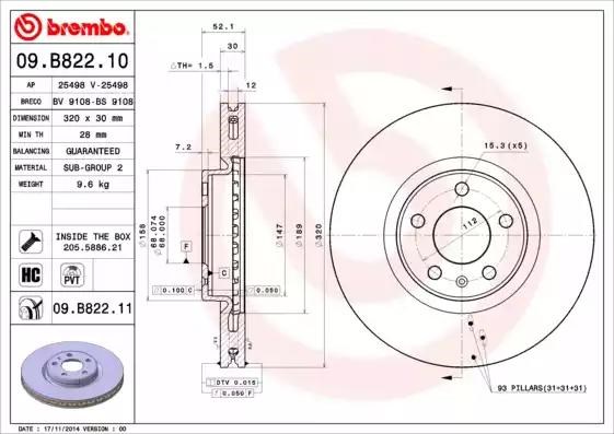 Диск гальмівний передній 09B82211 BREMBO