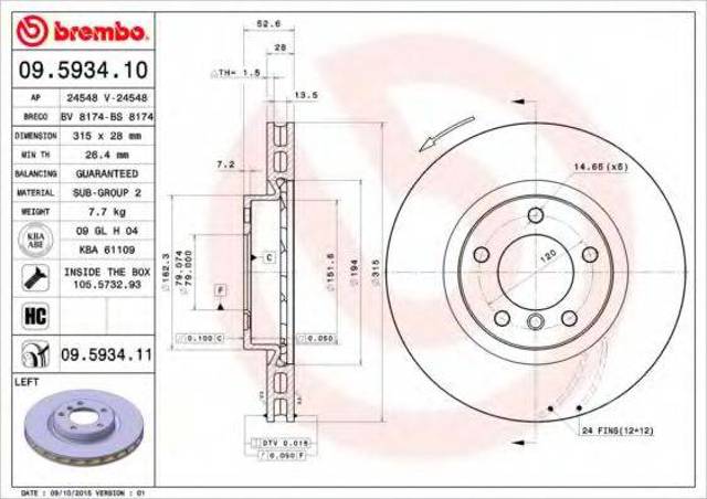 Диск гальмівний передній 09593411 BREMBO