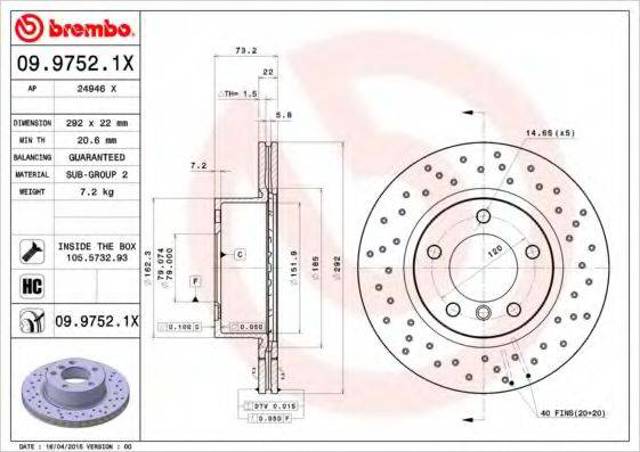 Диск гальмівний передній 0997521X BREMBO