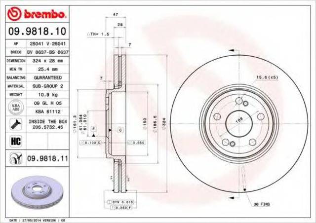 Диск переднього гальма 09981811 BREMBO