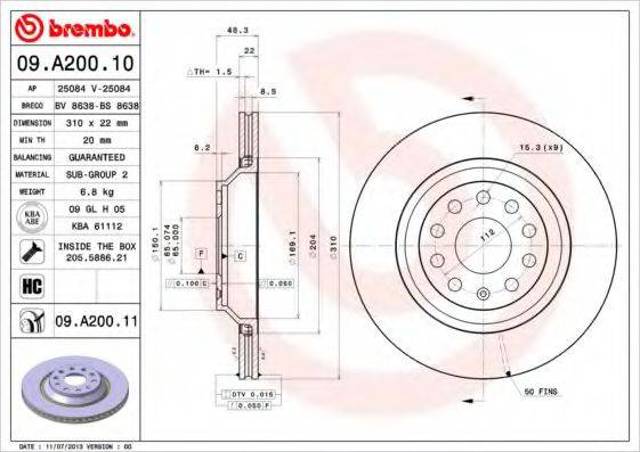 Задні дискові гальма 09A20011 BREMBO