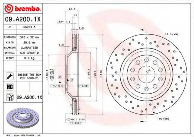 Диск заднього гальма 09A2001X BREMBO