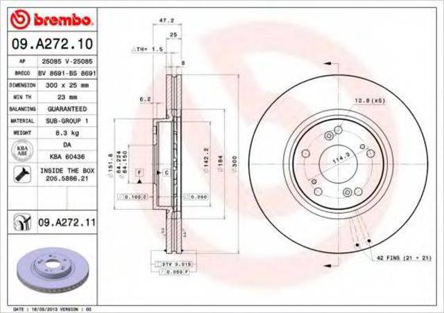 Диск гальмівний передній 09A27211 BREMBO