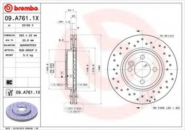 Диск гальмівний передній 09A7611X BREMBO