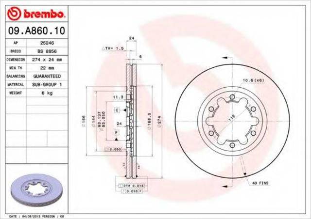 Диск гальмівний передній 09A86010 BREMBO