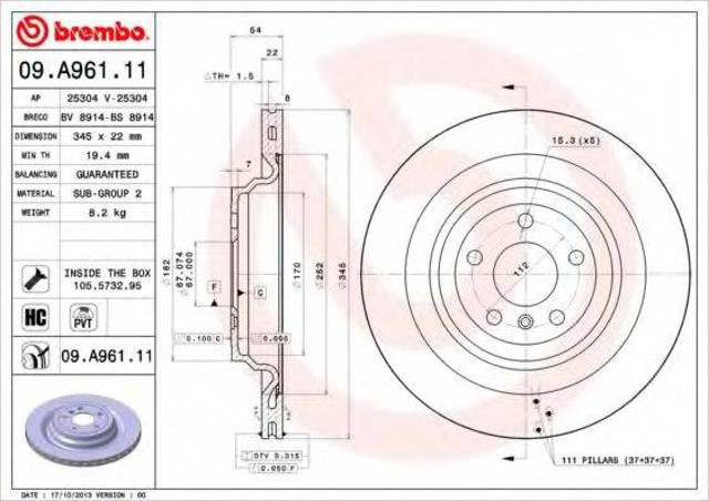 Диск гальмівний задній 09A96111 BREMBO