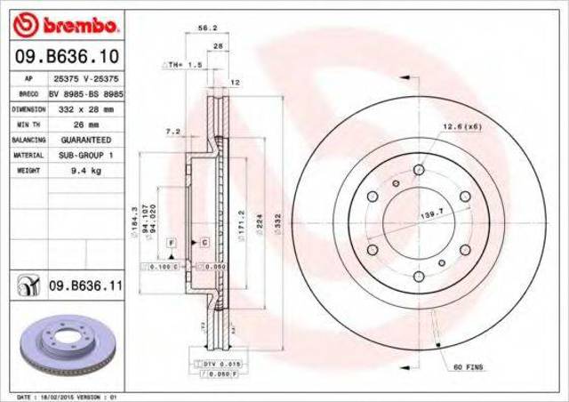 Диск гальмівний передній 09B63611 BREMBO