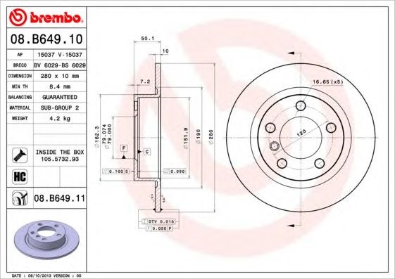 Диск гальмівний задній 08B64911 BREMBO
