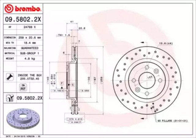 Диск гальмівний передній 0958022X BREMBO