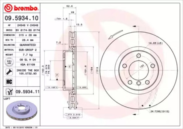 Диск переднього гальма 09593411 BREMBO