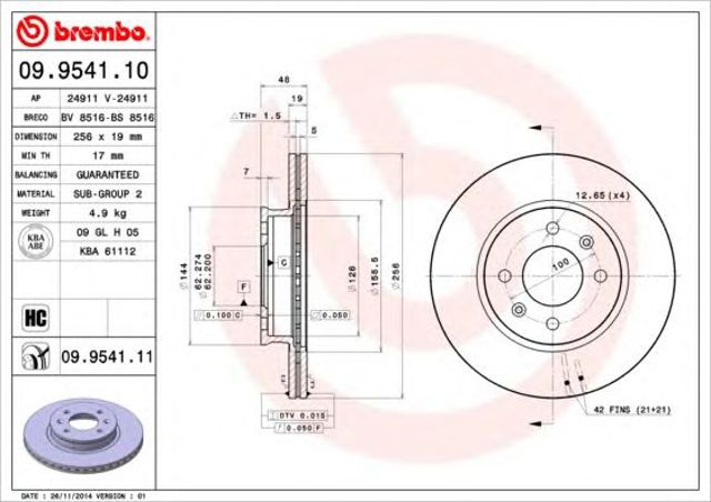 Гальмо дискове переднє 09954111 BREMBO