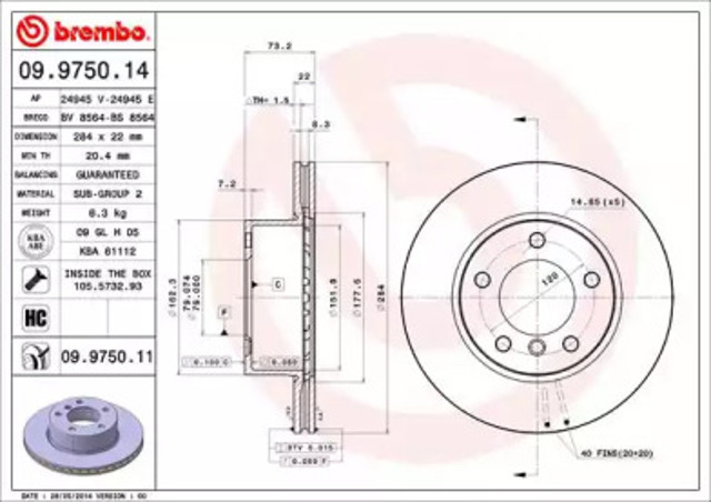 Диск гальмівний передній 09975011 BREMBO