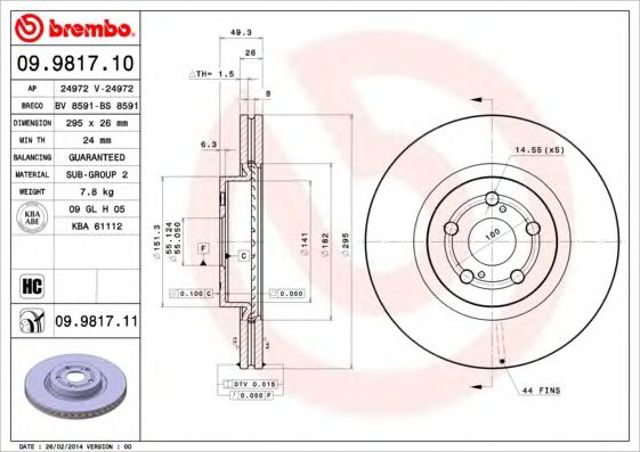 Диск гальмівний передній 09981711 BREMBO