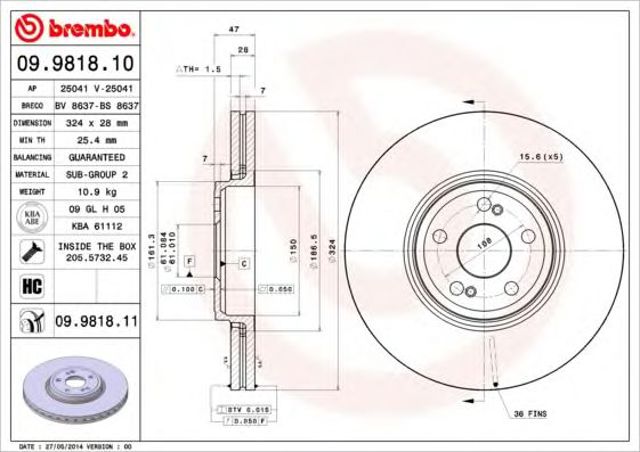 Диск переднього гальма 09981811 BREMBO