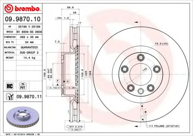 Диск переднього гальма 09987011 BREMBO