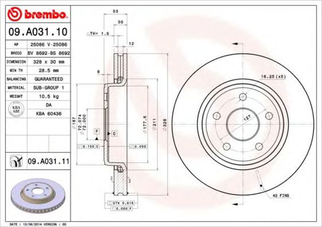 Гальмо дискове переднє 09A03111 BREMBO