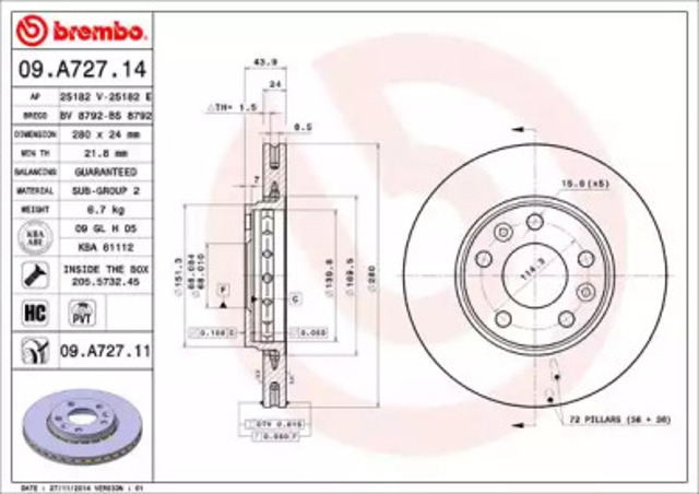 Диск переднього гальма 09A72714 BREMBO